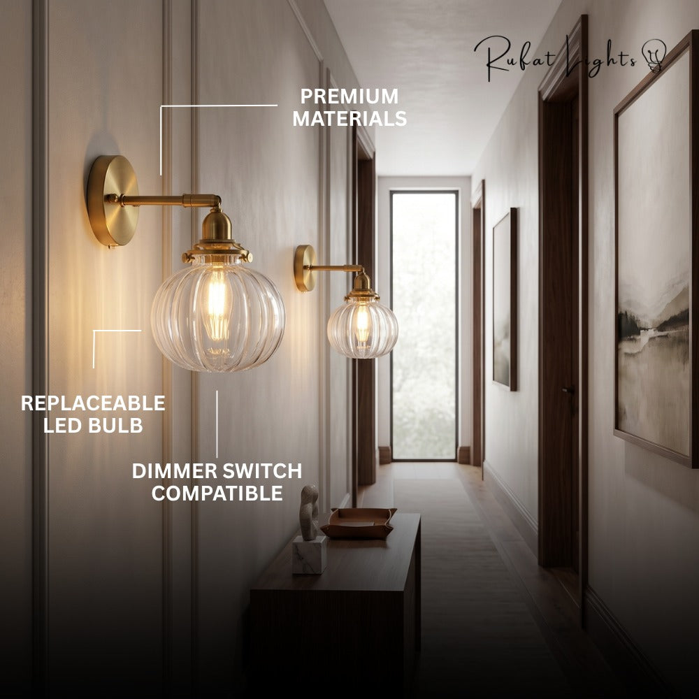 Textured Glass Globe Wall Lamp features: premium materials, replaceable LED bulb, dimmer switch compatible
