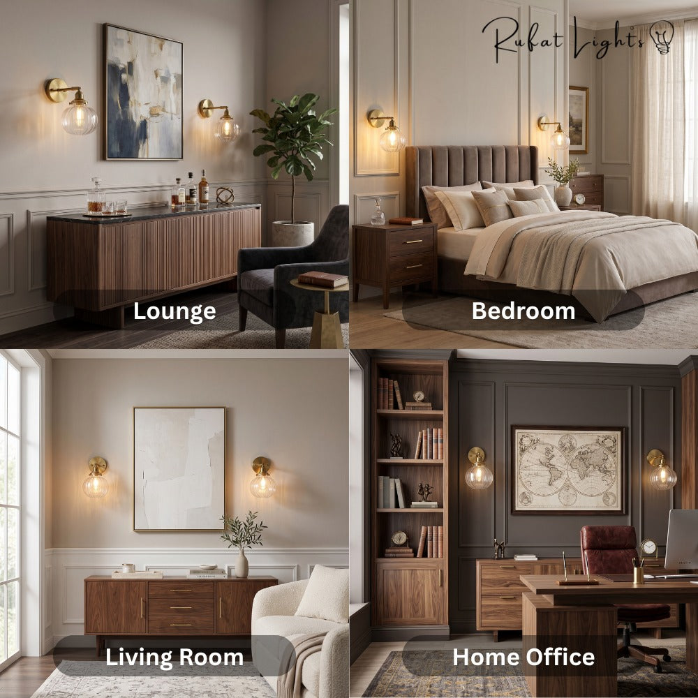 Textured Glass Globe Wall Lamp shown in lounge, bedroom, living room and home office settings