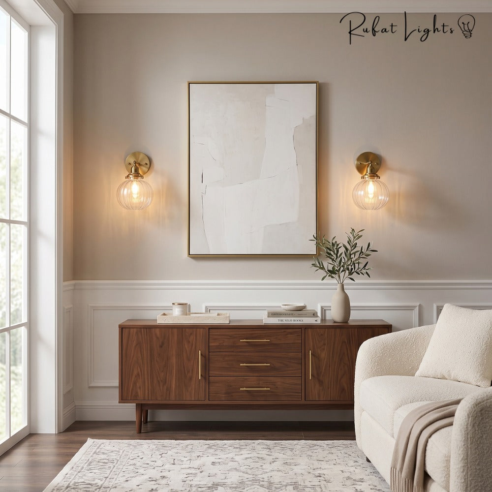 Textured Glass Globe Wall Lamp pair above a sideboard in a living room