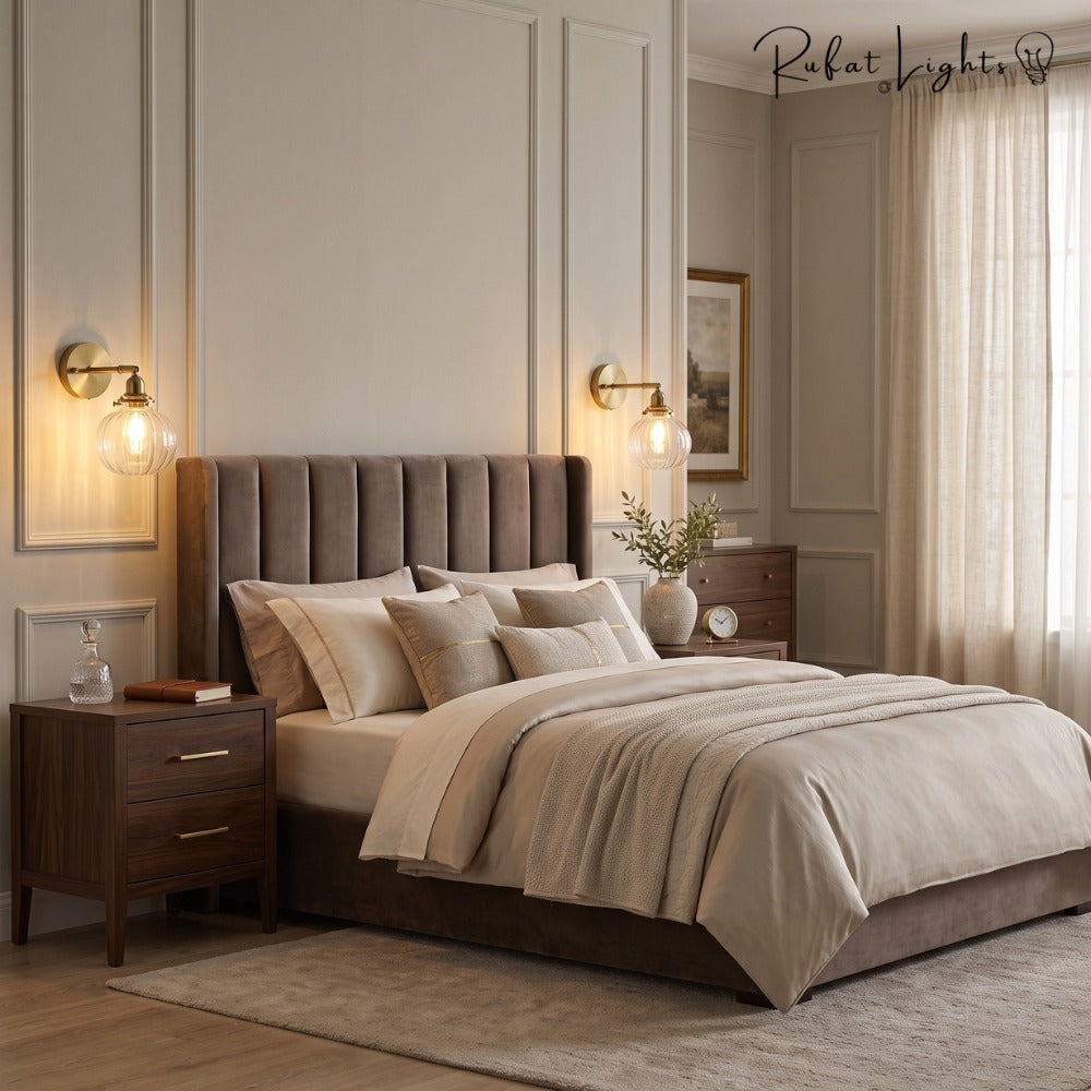 Textured Glass Globe Wall Lamp pair beside a bed in a bedroom