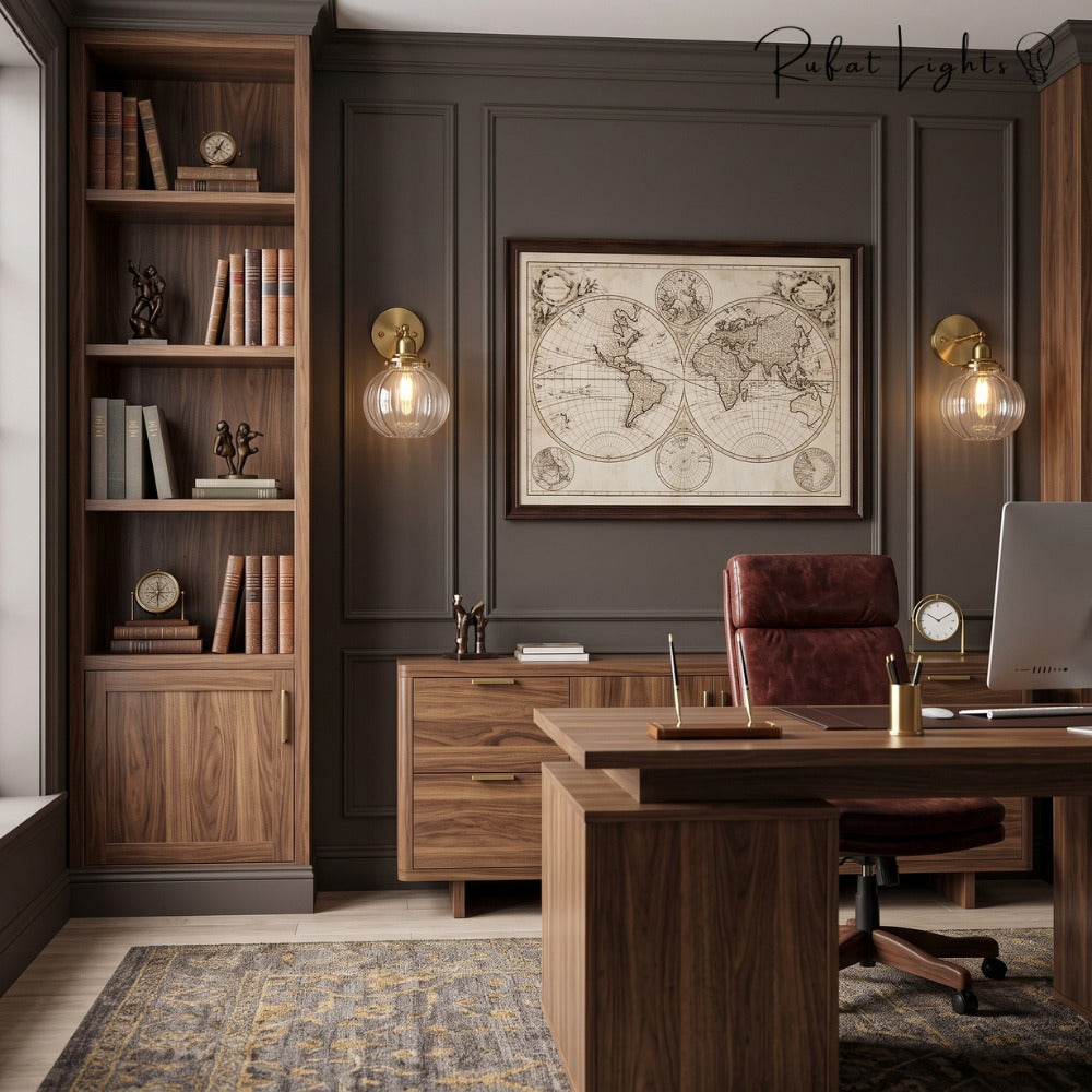 Textured Glass Globe Wall Lamp pair in a home office with bookshelves