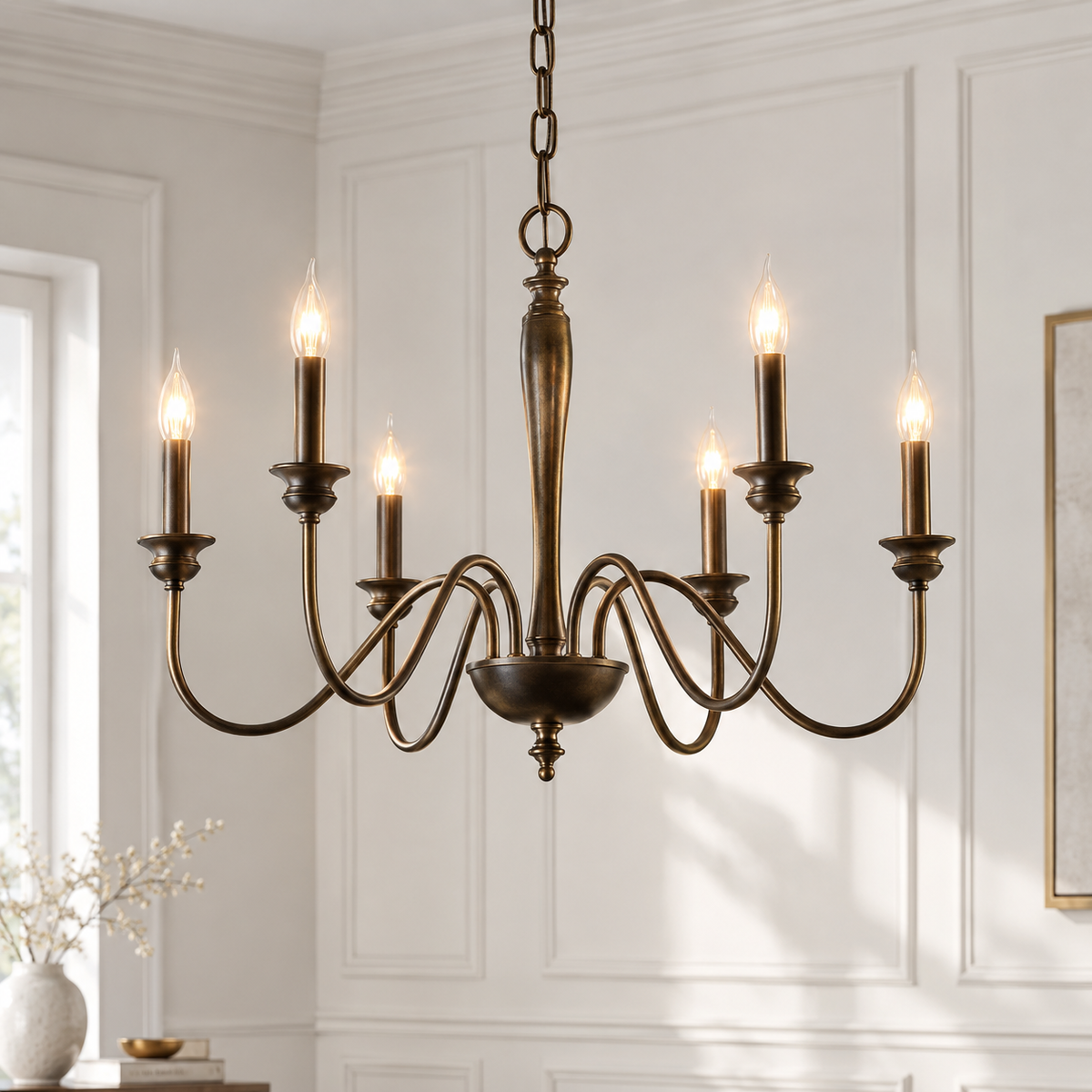 Ganeed Rustic Classic LED Iron Chandelier Light six-light black iron farmhouse candle chandelier glowing in a cream panelled room