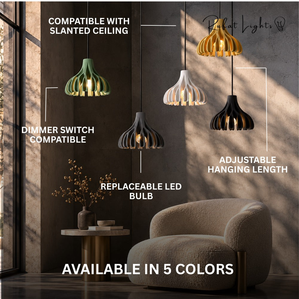 Trendy Macaron Resin Pendant Lamps features: compatible with slanted ceiling, dimmer switch compatible, replaceable LED bulb, adjustable hanging length, available in 5 colors