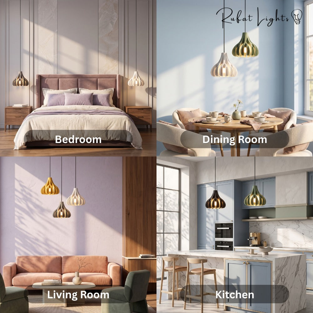 Trendy Macaron Resin Pendant Lamps shown in a bedroom, dining room, living room and kitchen