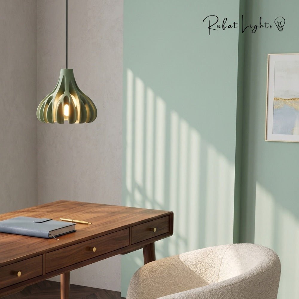 Trendy Macaron Resin Pendant Lamps Green above a desk