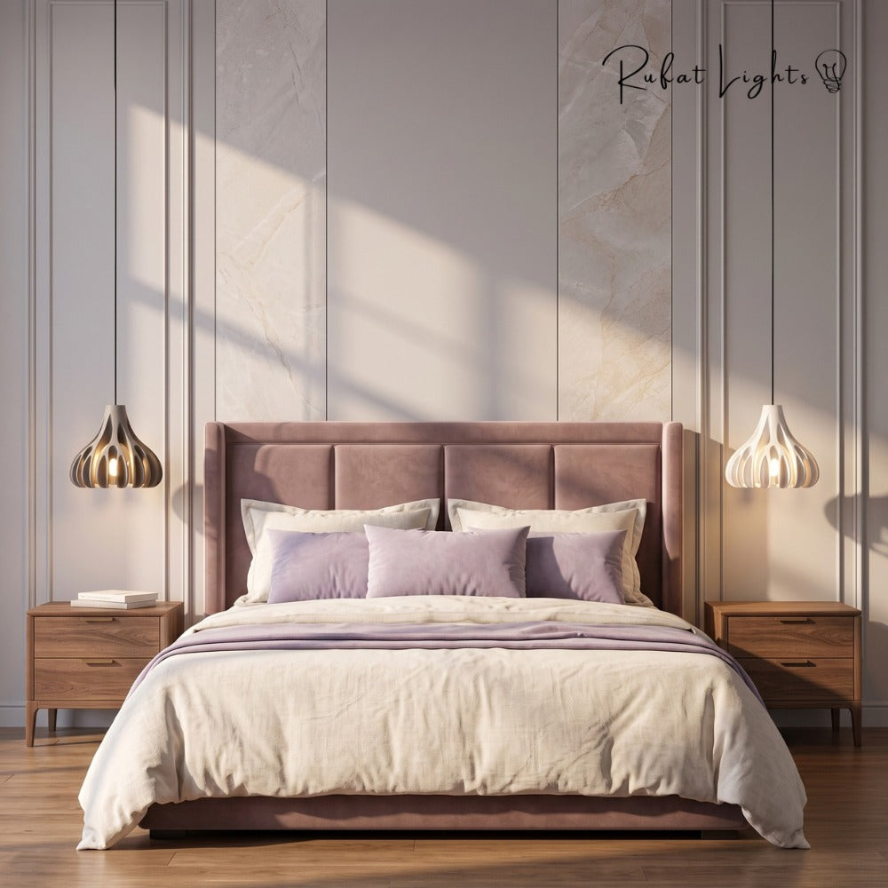 Trendy Macaron Resin Pendant Lamps pair beside a bed