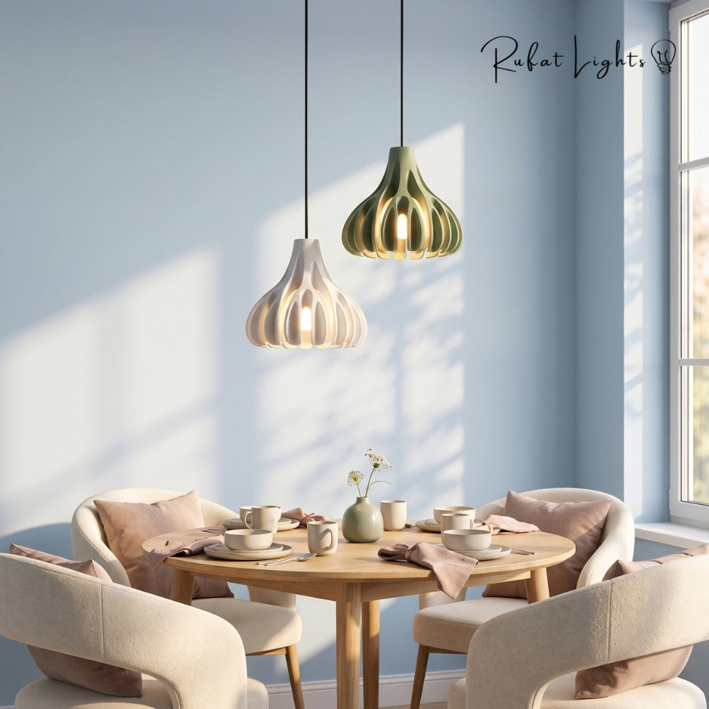 Trendy Macaron Resin Pendant Lamps pair over a breakfast table