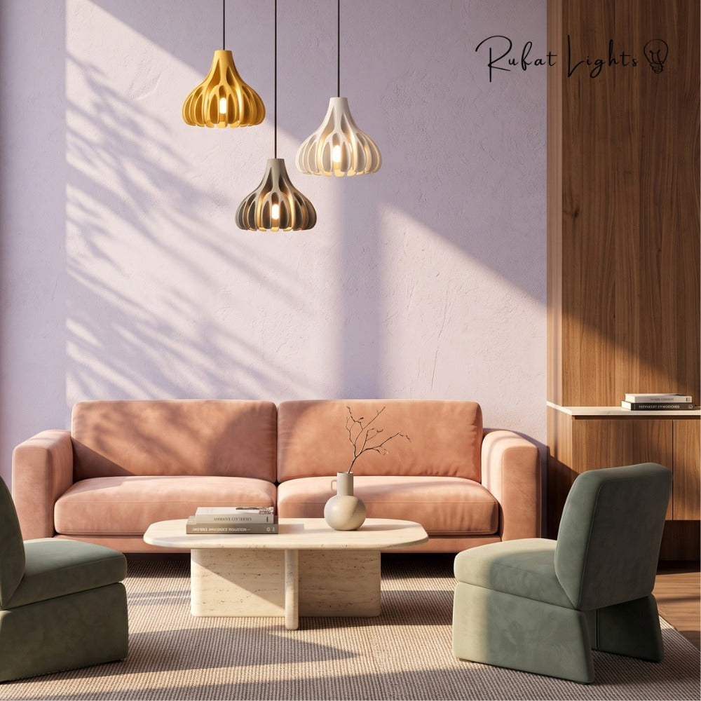 Trendy Macaron Resin Pendant Lamps trio over a sofa
