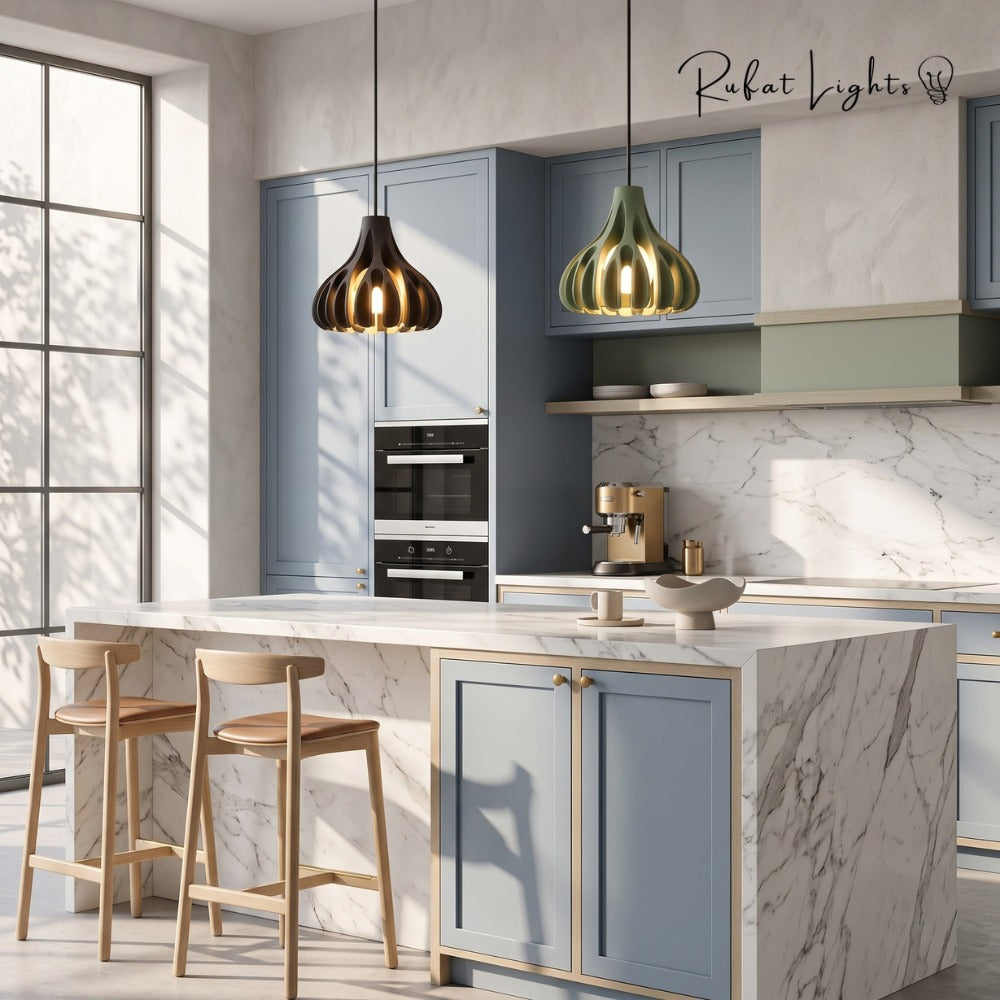 Trendy Macaron Resin Pendant Lamps pair over a kitchen island