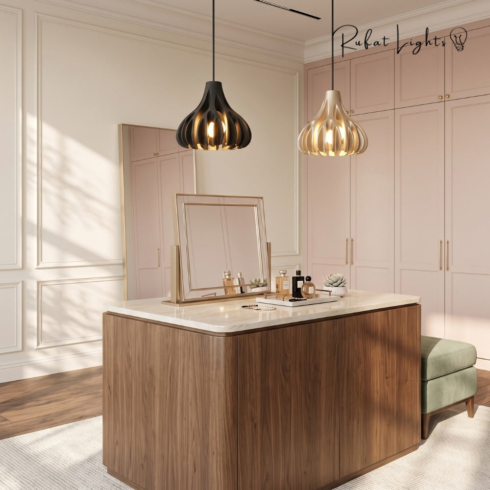 Trendy Macaron Resin Pendant Lamps pair in a dressing room
