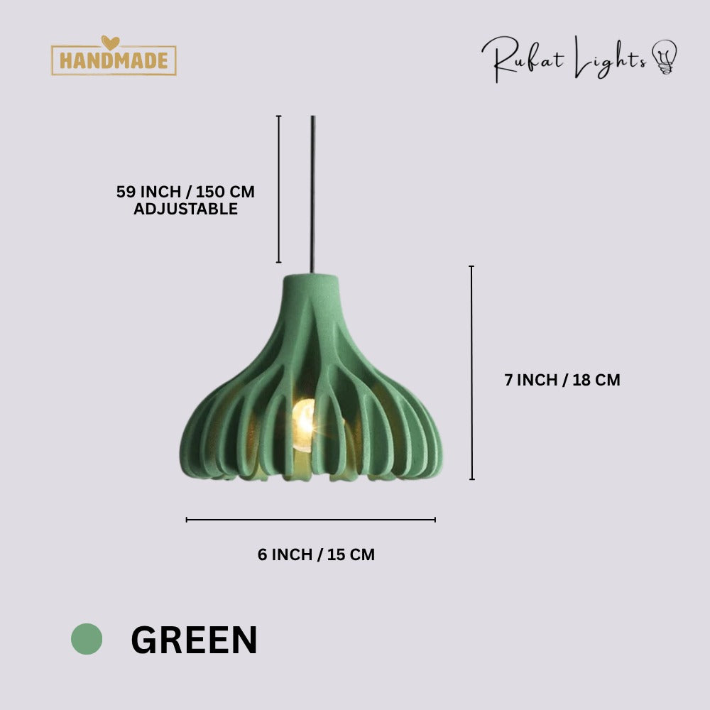 Trendy Macaron Resin Pendant Lamps Green dimensions: 6 in (15 cm) wide, 7 in (18 cm) high, 59 in (150 cm) adjustable hanging length