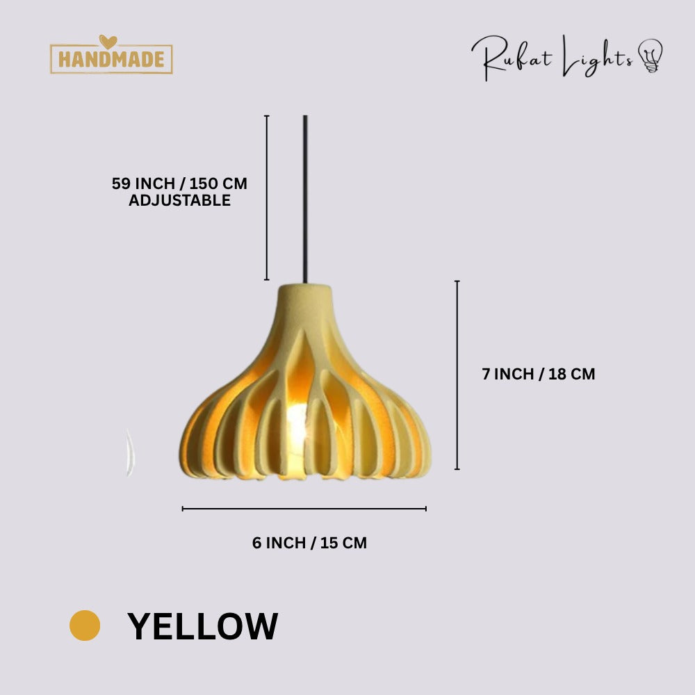 Trendy Macaron Resin Pendant Lamps Yellow dimensions: 6 in (15 cm) wide, 7 in (18 cm) high, 59 in (150 cm) adjustable hanging length