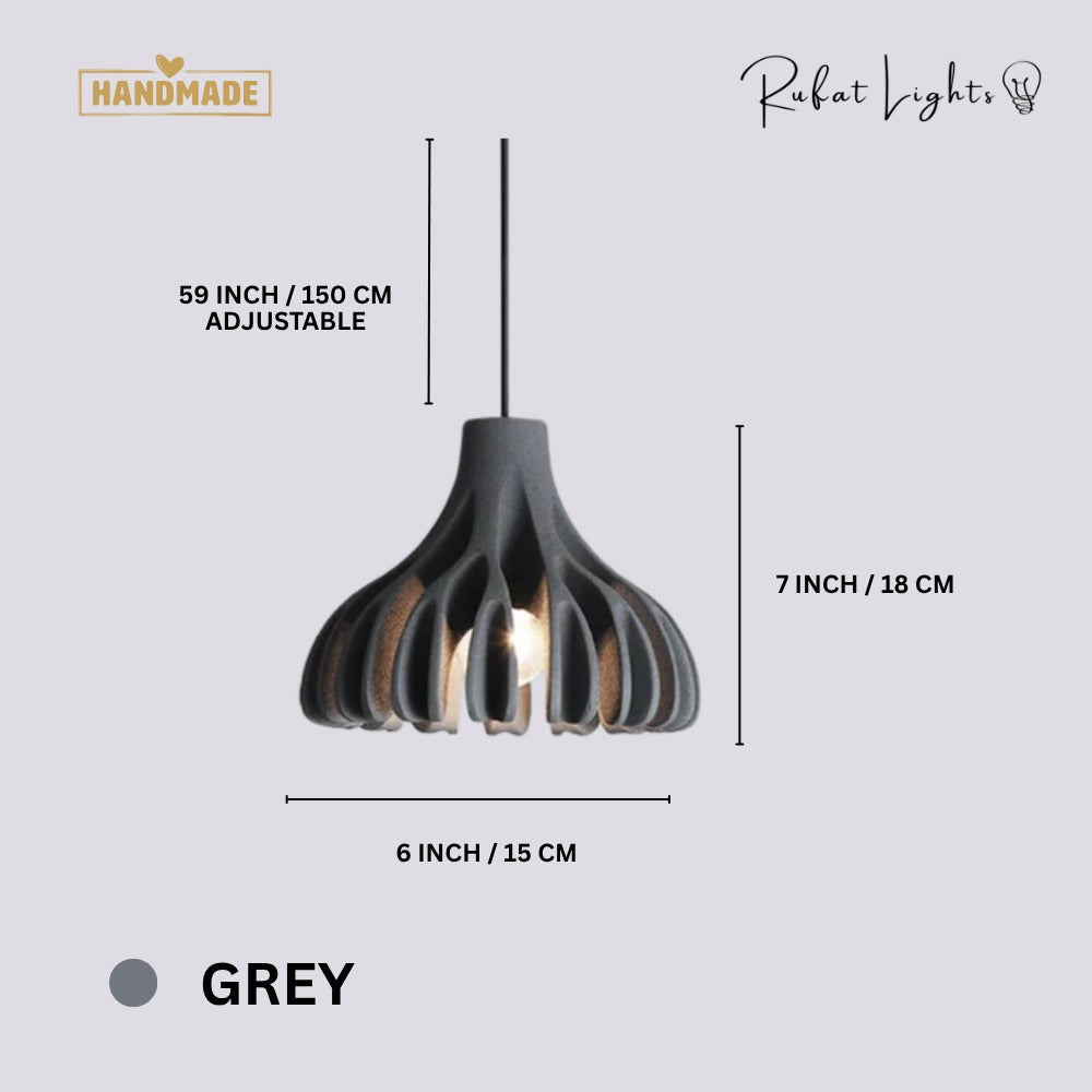 Trendy Macaron Resin Pendant Lamps Grey dimensions: 6 in (15 cm) wide, 7 in (18 cm) high, 59 in (150 cm) adjustable hanging length