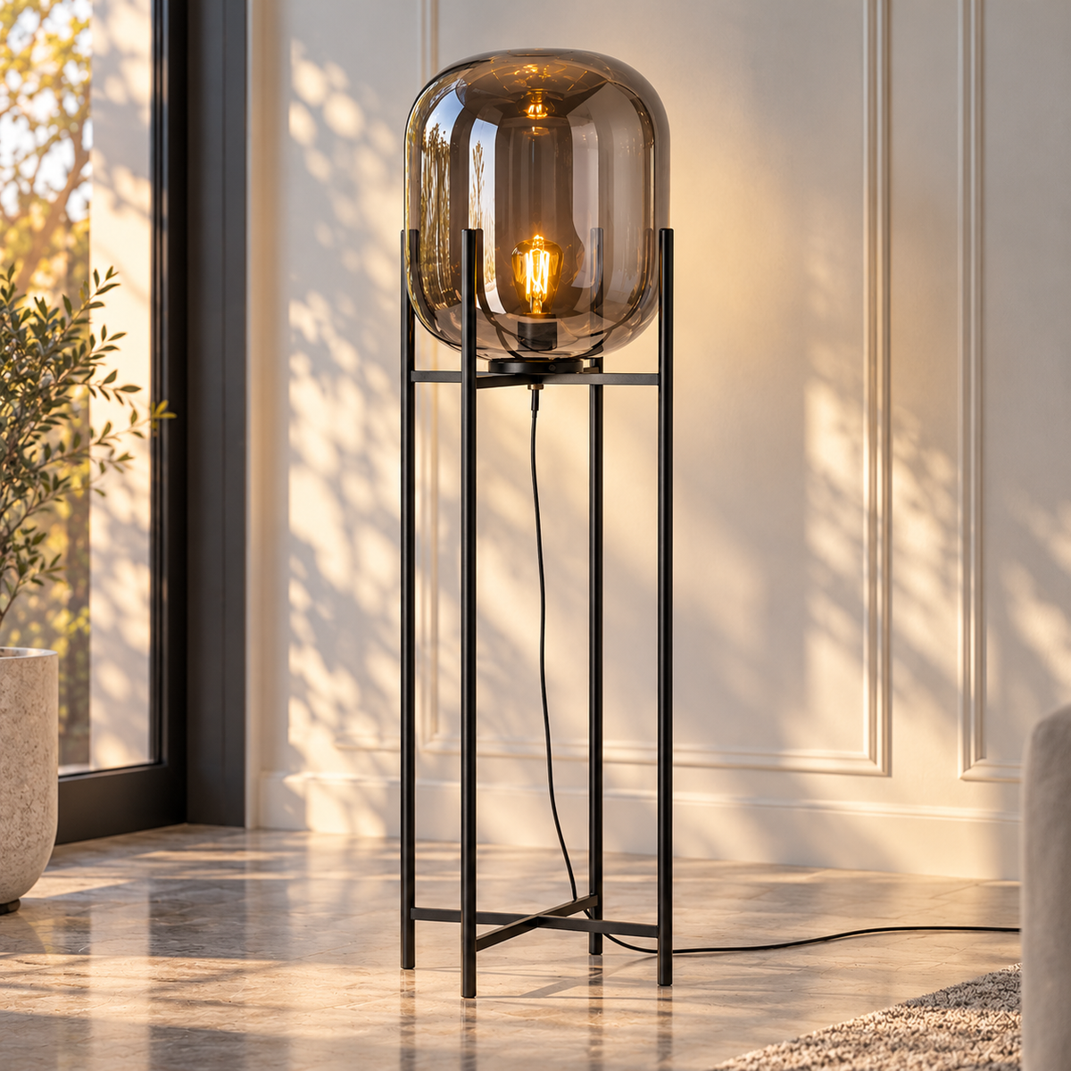 Villa Bubble Glass Ball Floor Lamp smoke glass globe floor lamp on a tall black metal stand glowing by a sunlit window