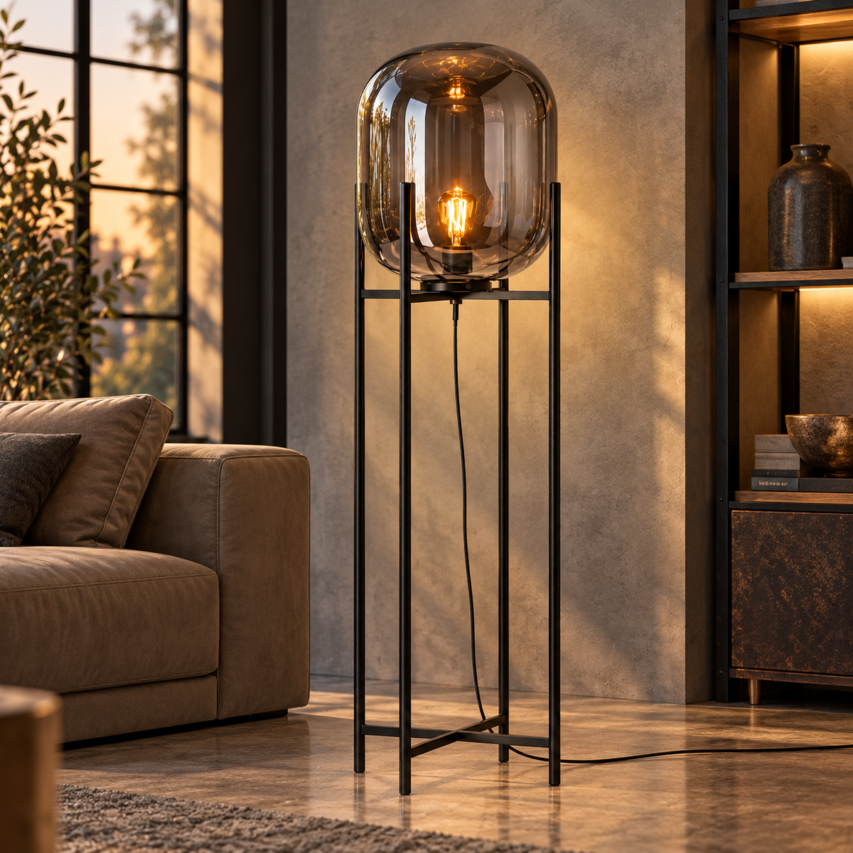 Villa Bubble Glass Ball Floor Lamp smoke glass globe floor lamp on a tall black metal stand glowing beside a sofa