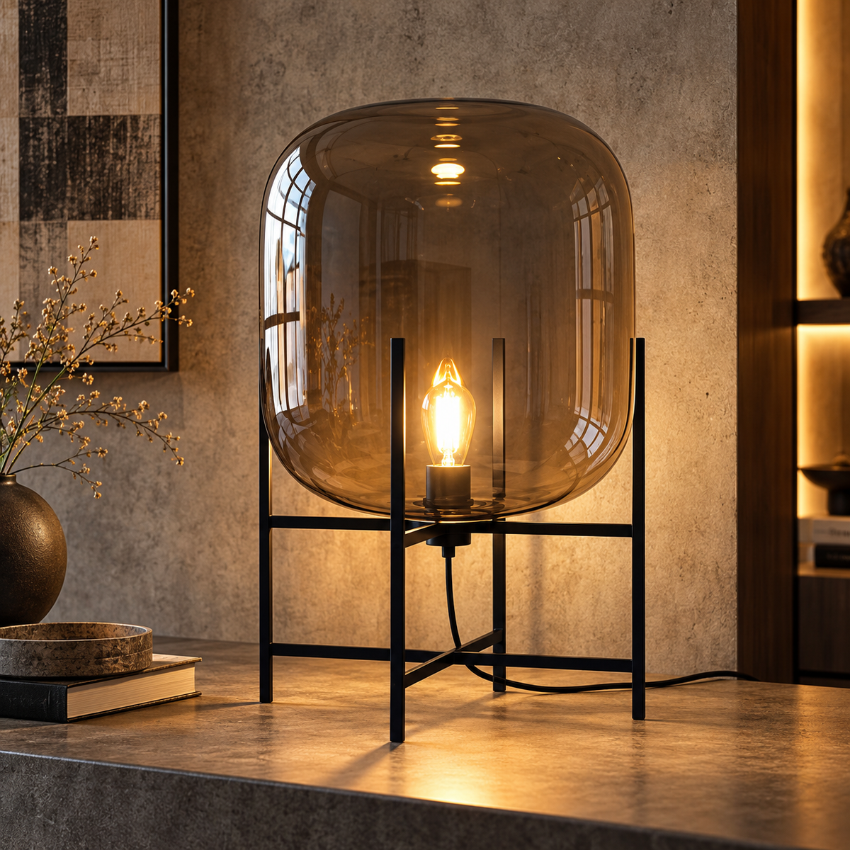 Villa Bubble Glass Ball Floor Lamp small smoke glass globe lamp on a black metal stand glowing on a stone surface
