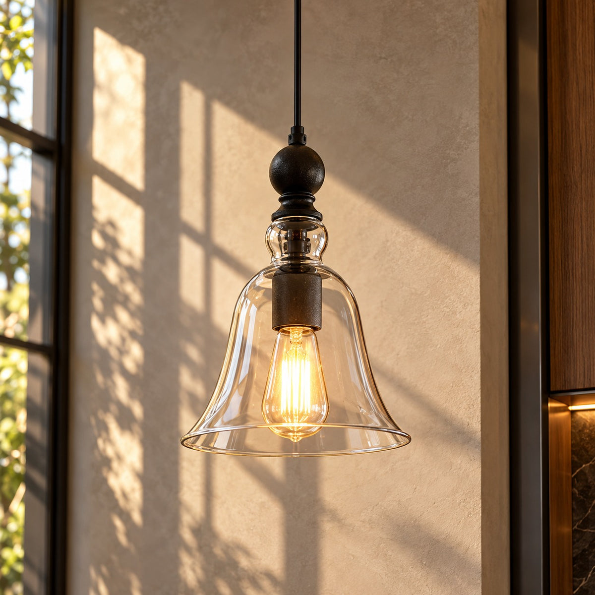 Vintage Creative Glass Bell Pendant Lighting pendant glowing in sunlight