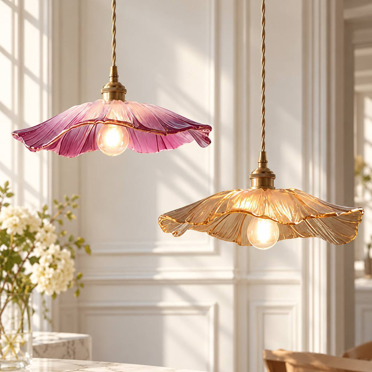 Vintage Floral Glass Pendant Light purple and gold floral glass pendants in a bright room