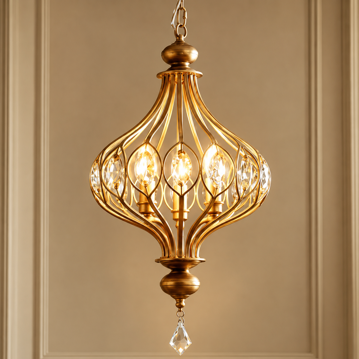 Vintage French Retro Crystal Lantern Chandelier close-up of the antique gold crystal lantern pendant glowing against a warm wall