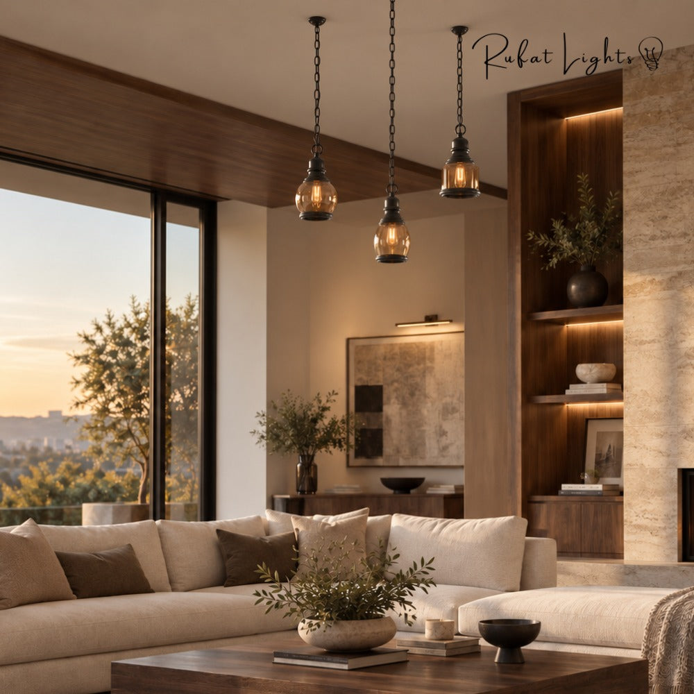 Vintage Loft Glass Lamp Bar Pendant Lights above a sofa in a modern living room with a sunset view