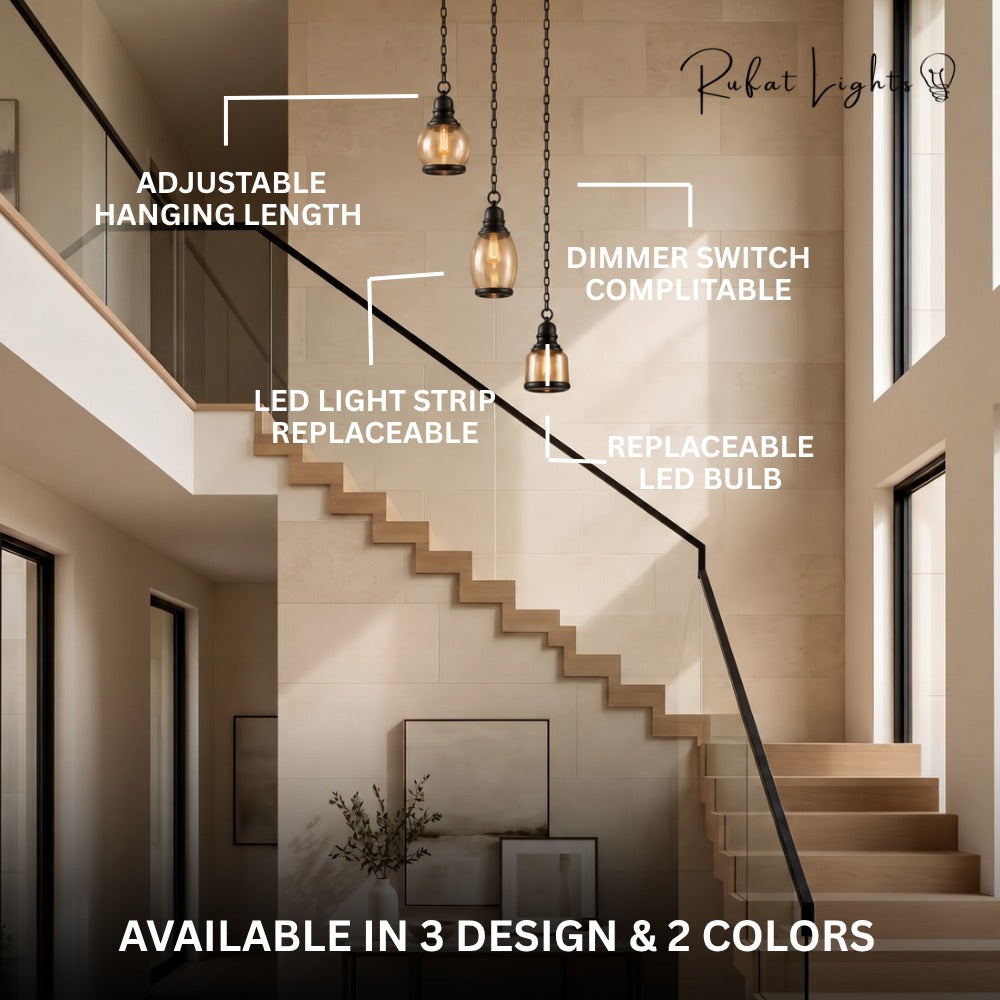 Vintage Loft Glass Lamp Bar Pendant Light features: adjustable hanging length, dimmer switch compatible, LED light strip replaceable, replaceable LED bulb, available in 3 designs and 2 colors