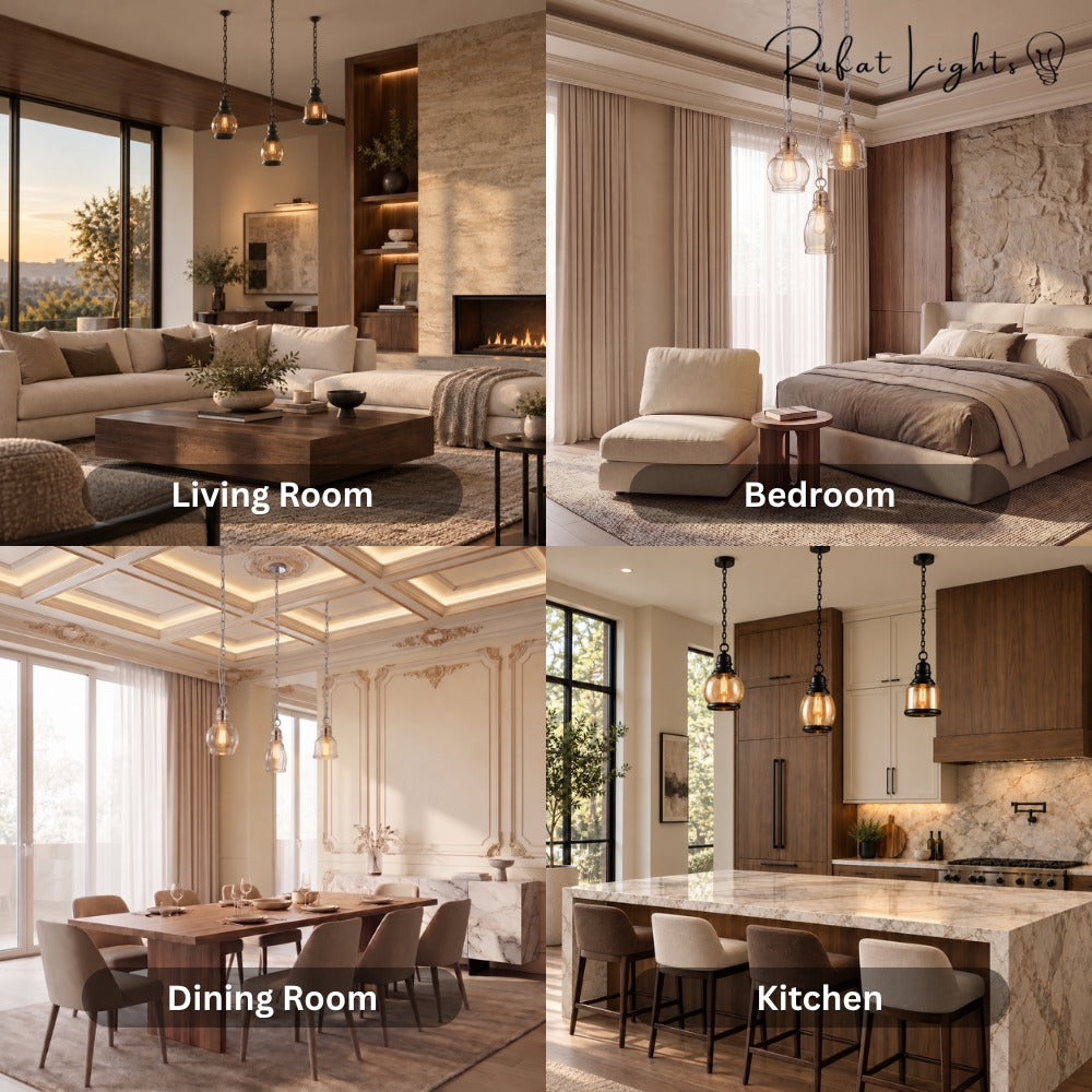 Vintage Loft Glass Lamp Bar Pendant Light shown in living room, bedroom, dining room and kitchen settings
