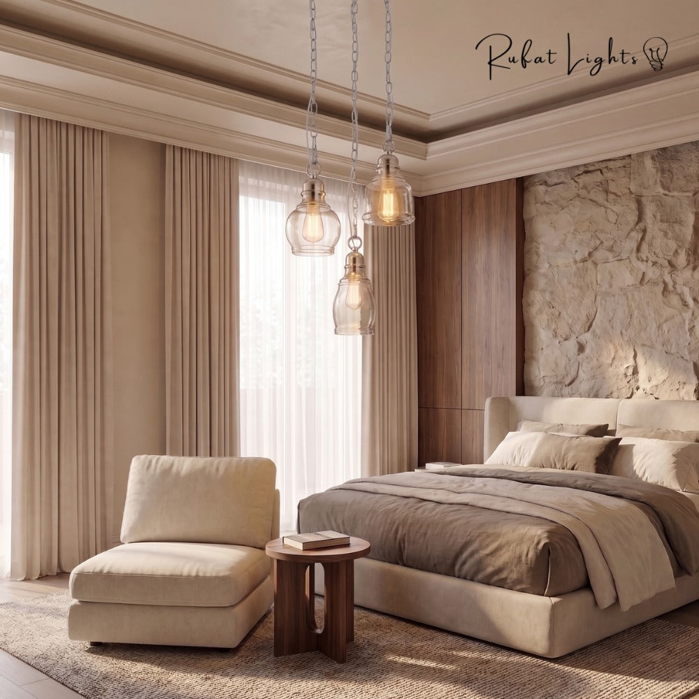 Vintage Loft Glass Lamp Bar Pendant Lights in the brown finish beside the bed in a luxury bedroom
