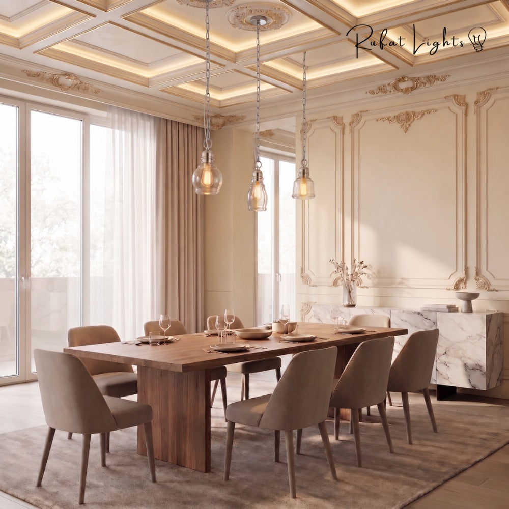 Vintage Loft Glass Lamp Bar Pendant Lights above a wooden dining table in a classic dining room