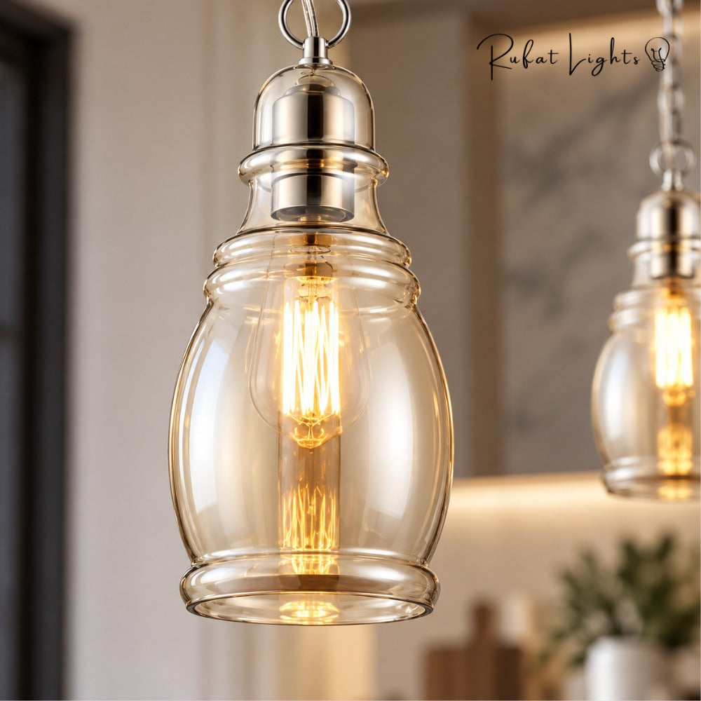 Vintage Loft Glass Lamp Bar Pendant Light close-up of the amber glass shade with an Edison bulb, brown finish