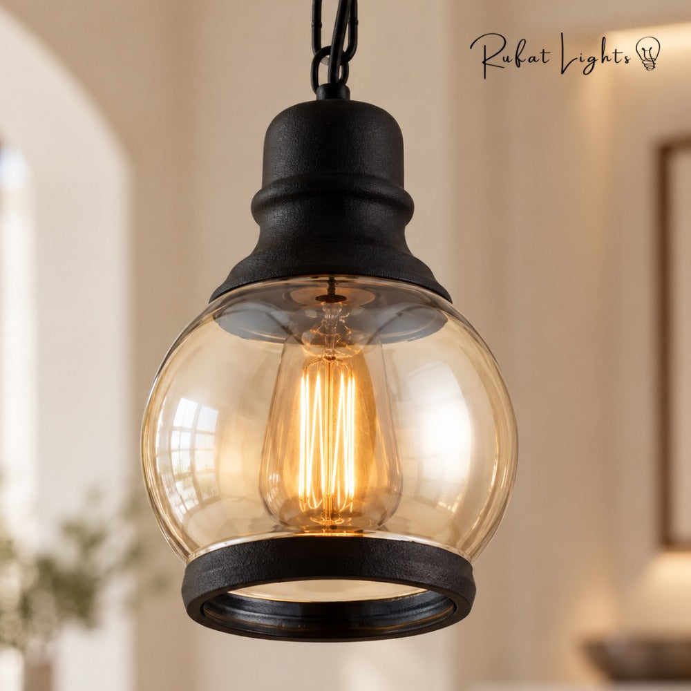 Vintage Loft Glass Lamp Bar Pendant Light close-up of the black globe shade with an Edison bulb