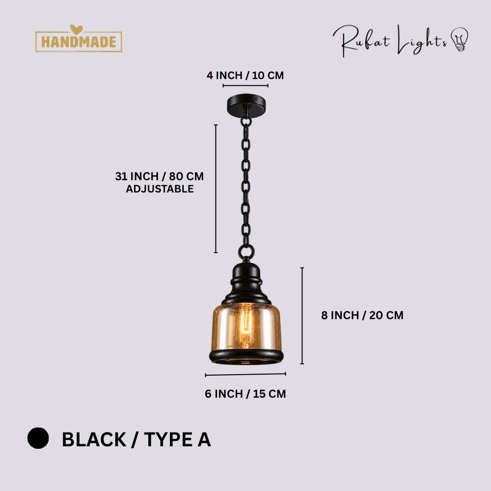 Vintage Loft Glass Lamp Bar Pendant Light Black Type-A dimensions: 6 in (15 cm) wide, 8 in (20 cm) high, 31 in (80 cm) adjustable chain, 4 in (10 cm) canopy
