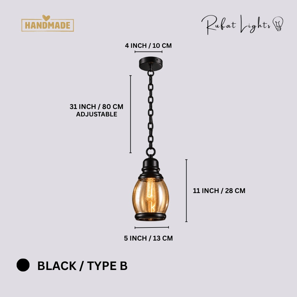 Vintage Loft Glass Lamp Bar Pendant Light Black Type-B dimensions: 5 in (13 cm) wide, 11 in (28 cm) high, 31 in (80 cm) adjustable chain, 4 in (10 cm) canopy