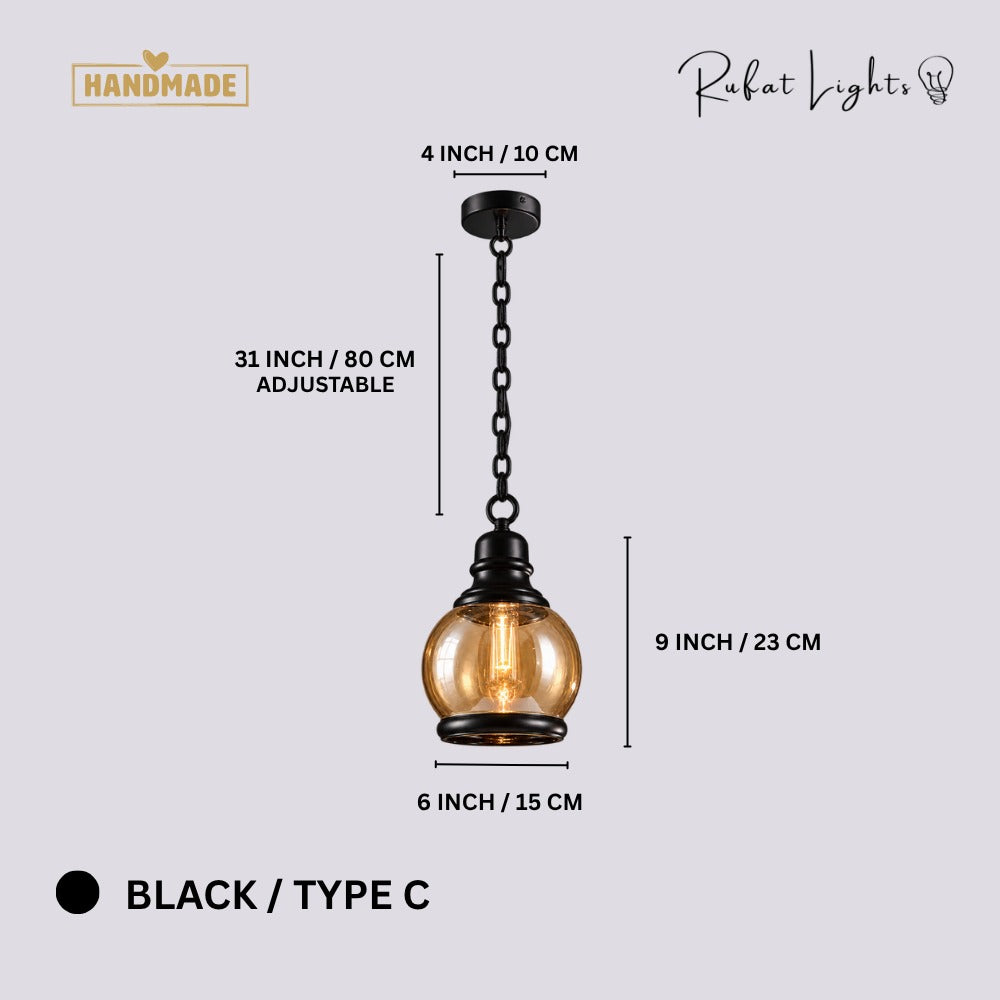 Vintage Loft Glass Lamp Bar Pendant Light Black Type-C dimensions: 6 in (15 cm) wide, 9 in (23 cm) high, 31 in (80 cm) adjustable chain, 4 in (10 cm) canopy
