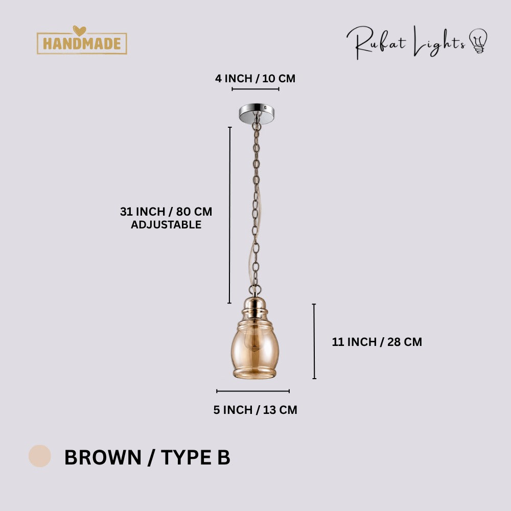 Vintage Loft Glass Lamp Bar Pendant Light Brown Type-B dimensions: 5 in (13 cm) wide, 11 in (28 cm) high, 31 in (80 cm) adjustable chain, 4 in (10 cm) canopy