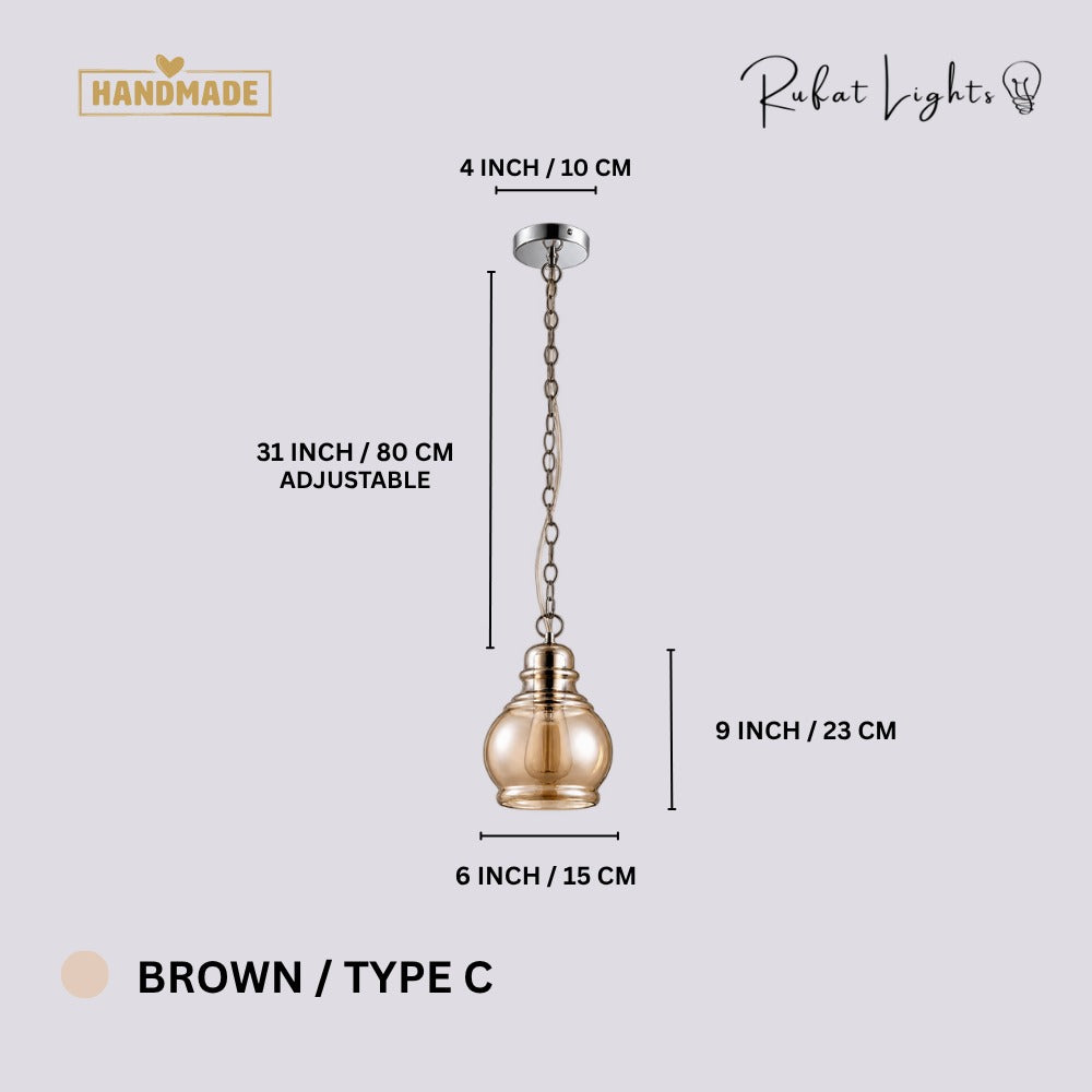 Vintage Loft Glass Lamp Bar Pendant Light Brown Type-C dimensions: 6 in (15 cm) wide, 9 in (23 cm) high, 31 in (80 cm) adjustable chain, 4 in (10 cm) canopy