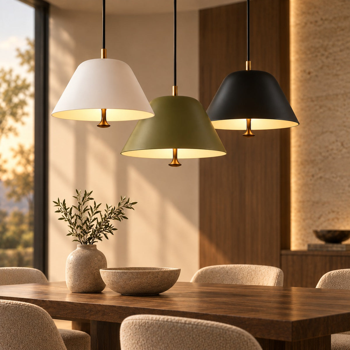 Vintage Nordic Pendant Lights in white, green and black hanging above a wooden dining table at sunset