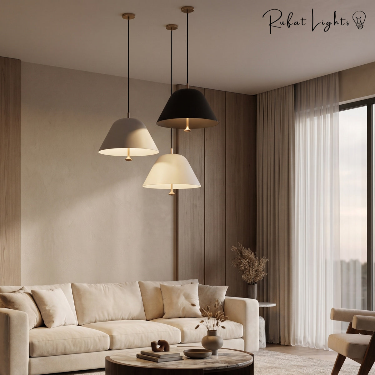 Vintage Nordic Pendant Lights in white, black and grey above a cream sofa in a modern living room