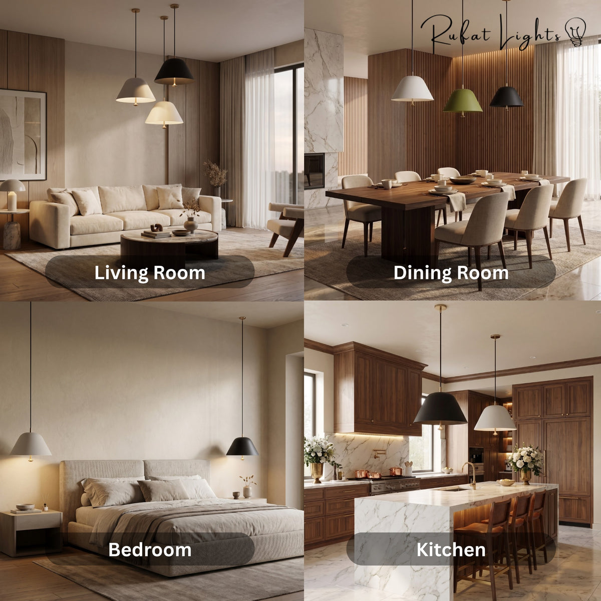 Vintage Nordic Pendant Light shown in living room, dining room, bedroom and kitchen settings