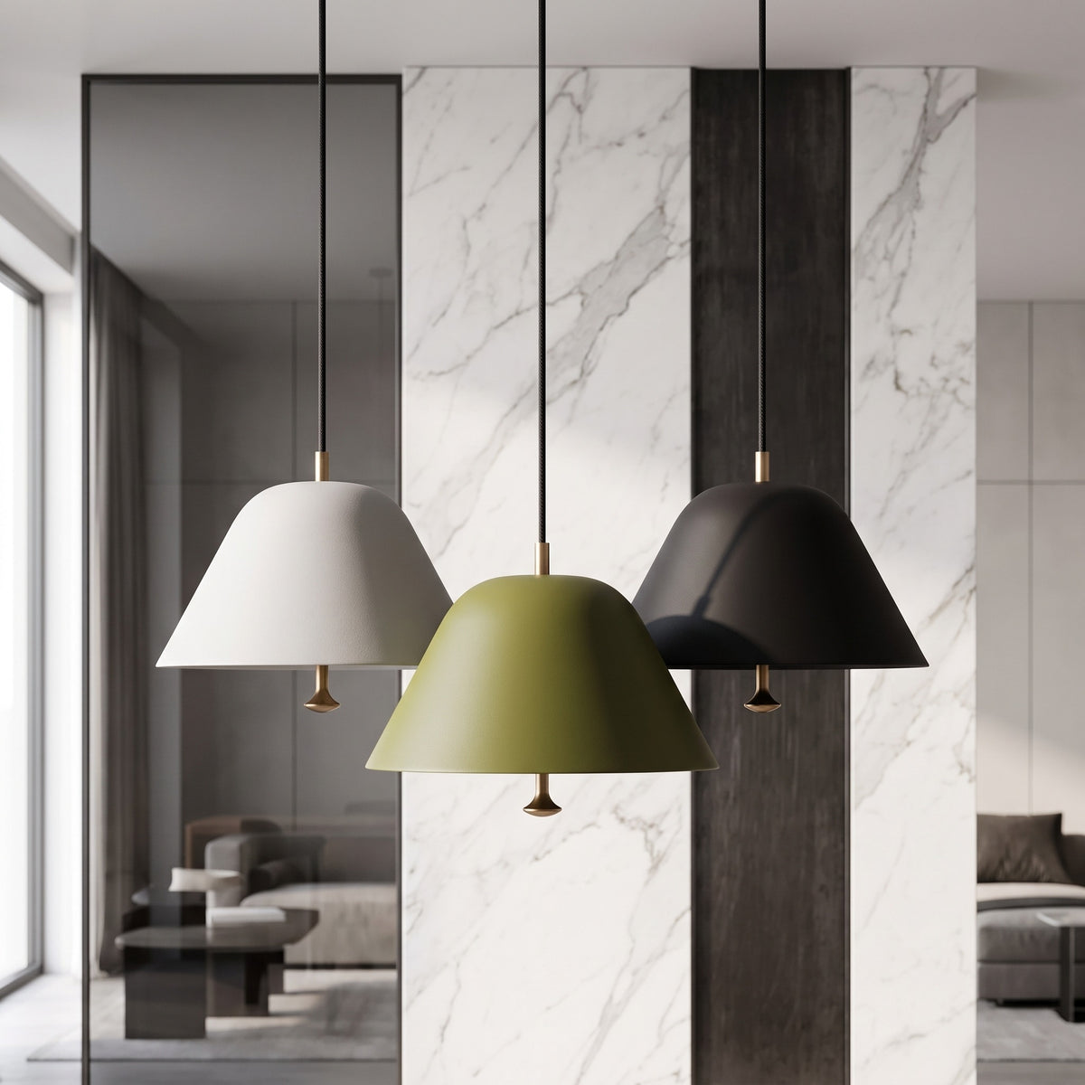 Vintage Nordic Pendant Lights in white, green and black in front of a white marble wall