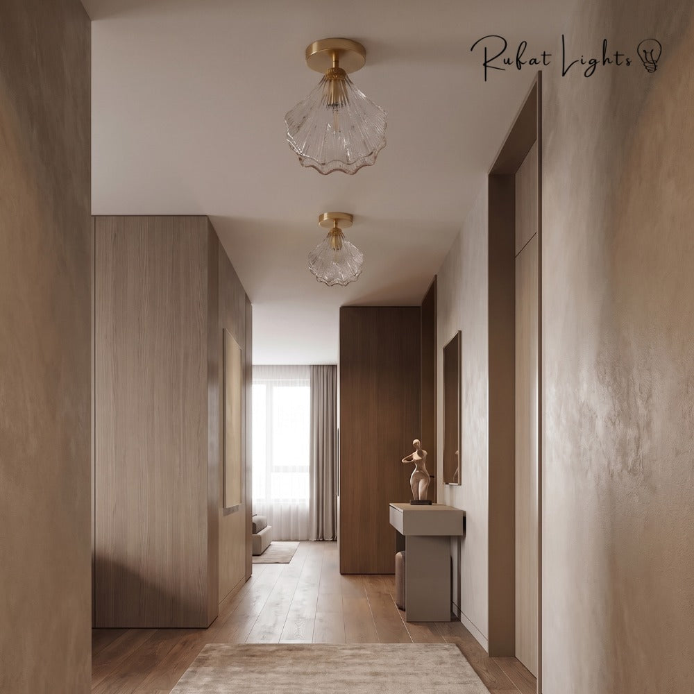 Vintage Shell Glass Pendant Light ceiling lamps along a wood-panelled corridor