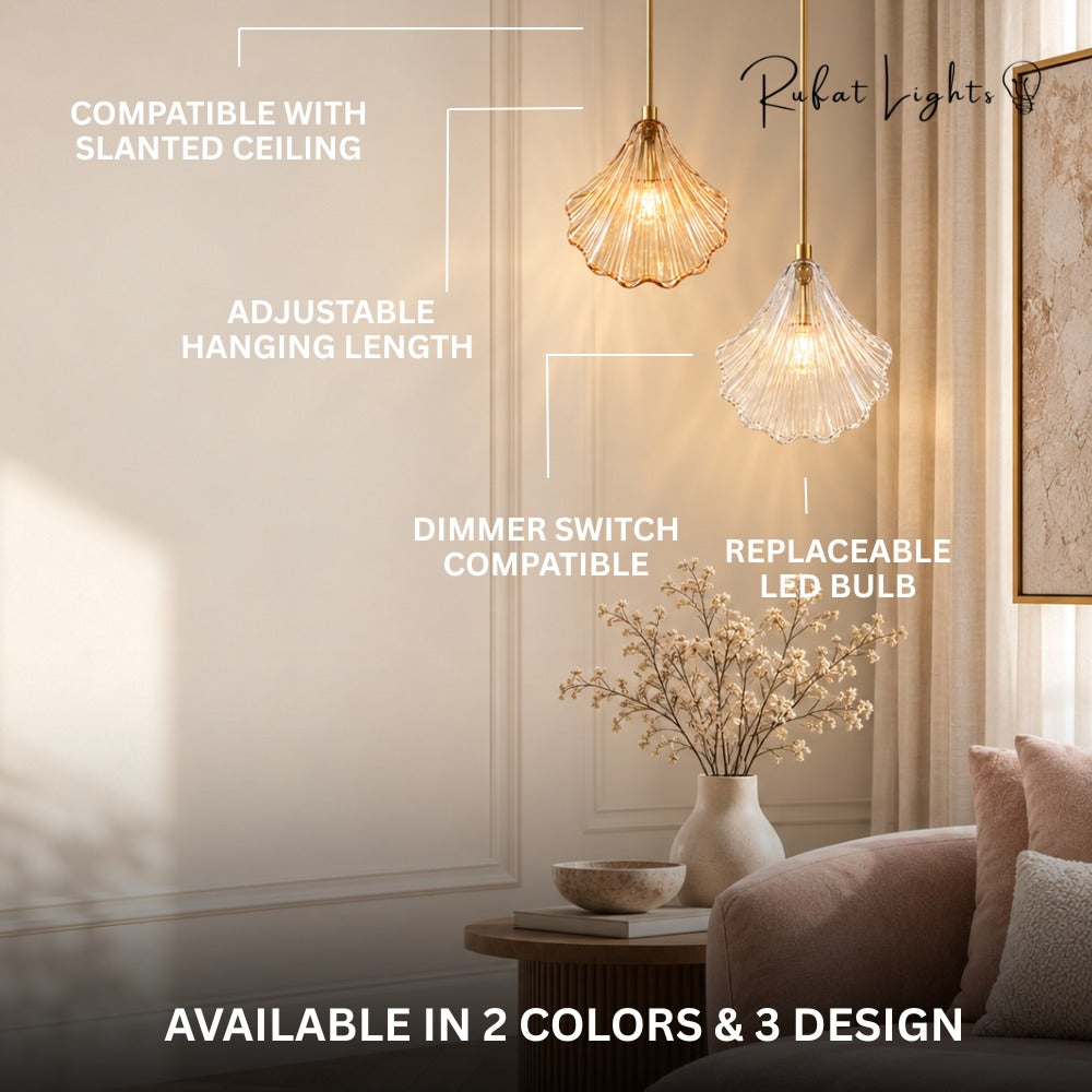 Vintage Shell Glass Pendant Light features: compatible with slanted ceiling, adjustable hanging length, dimmer switch compatible, replaceable LED bulb, available in 2 colors and 3 designs