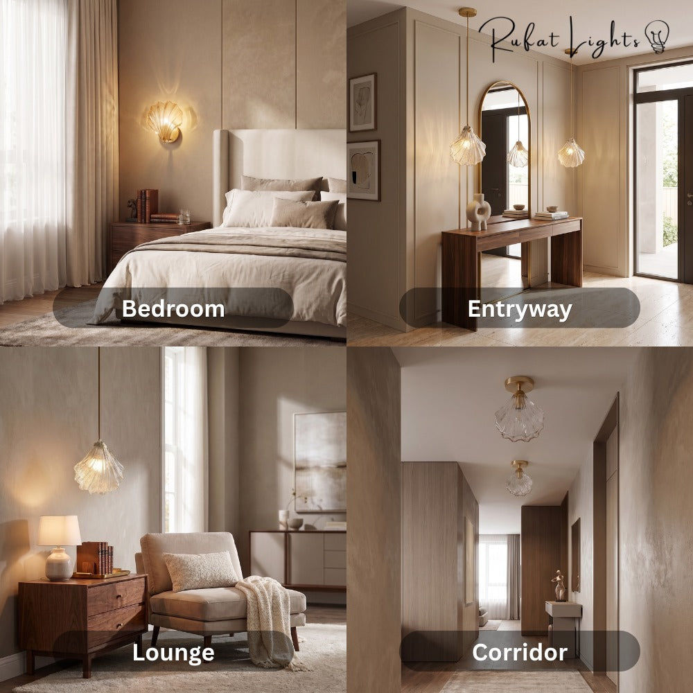 Vintage Shell Glass Pendant Light shown in bedroom, entryway, lounge and corridor settings