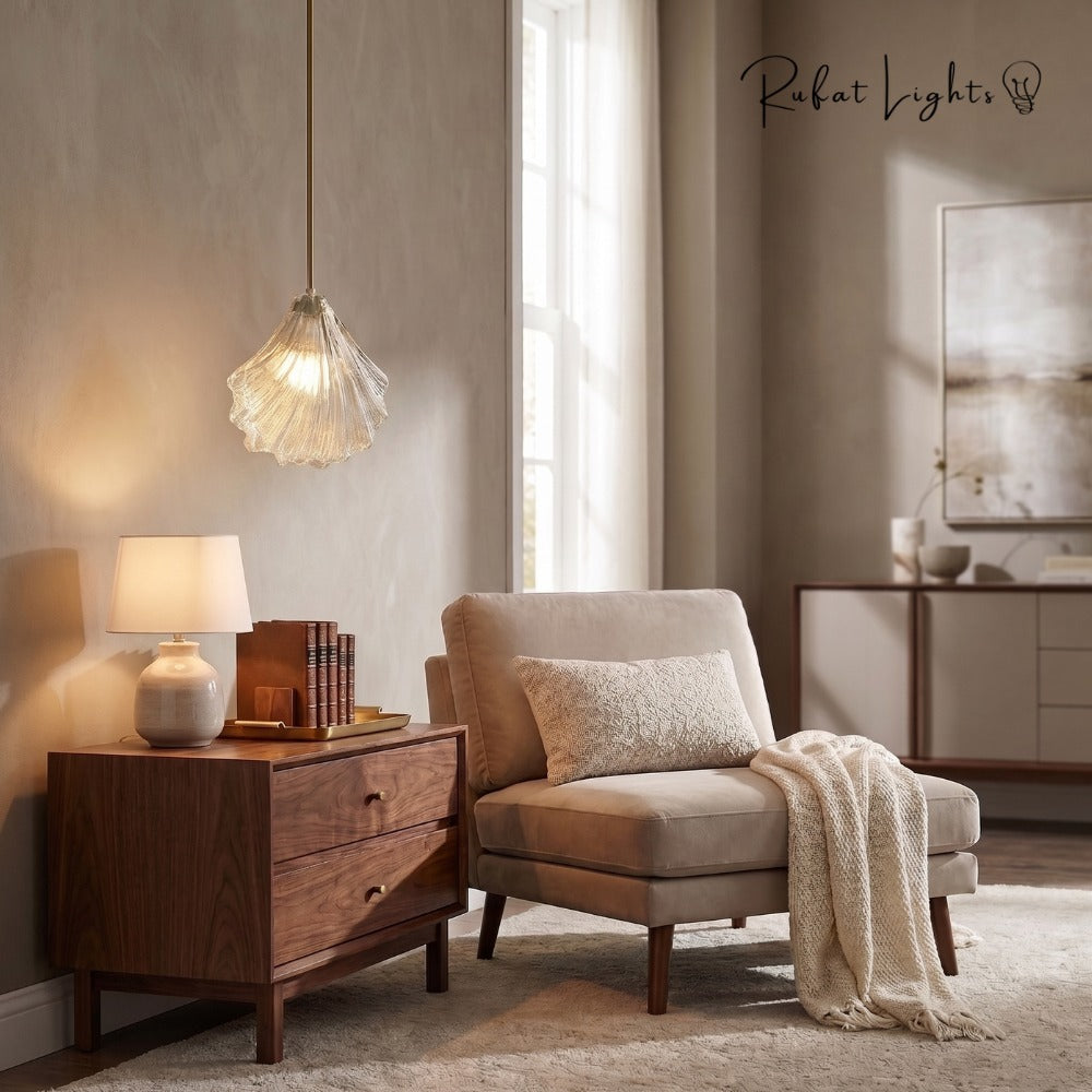Vintage Shell Glass Pendant Light pendant above a nightstand beside an armchair