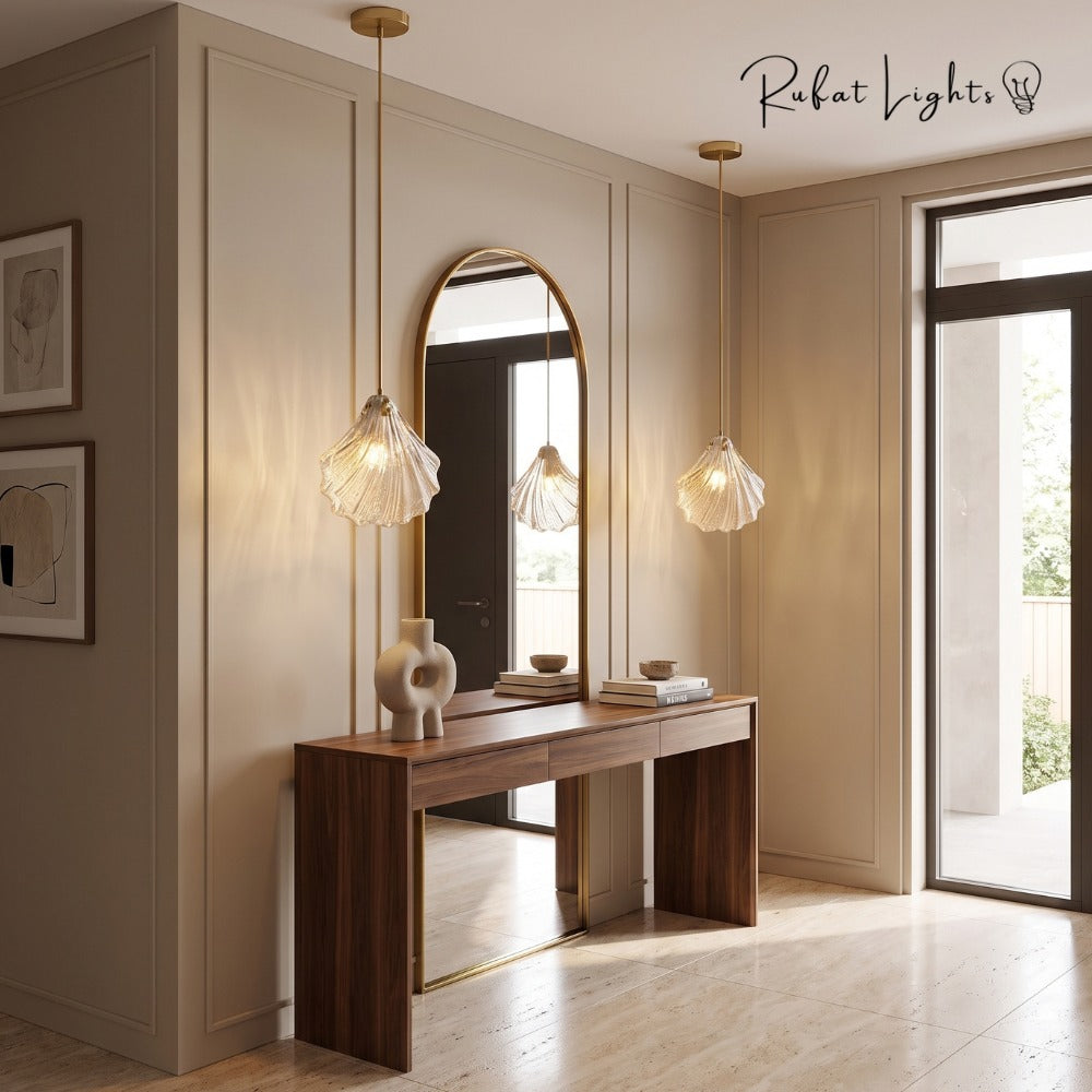 Vintage Shell Glass Pendant Light pendants above a console table in an entryway