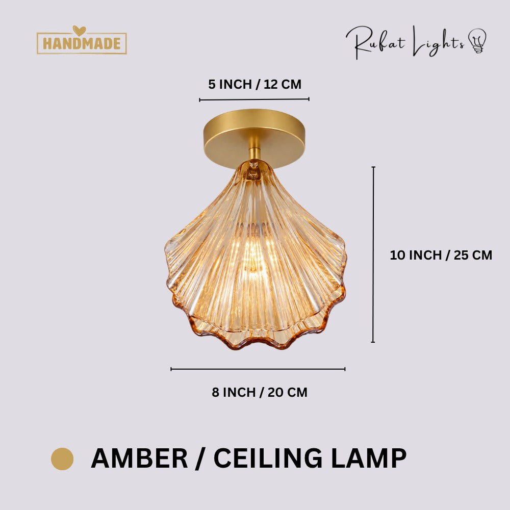 Vintage Shell Glass Pendant Light Amber Ceiling Lamp dimensions: 8 in (20 cm) wide, 10 in (25 cm) high, 5 in (12 cm) canopy