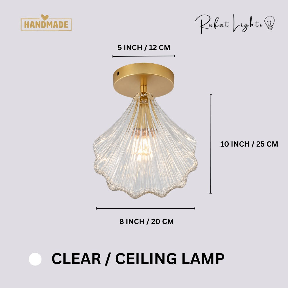 Vintage Shell Glass Pendant Light Clear Ceiling Lamp dimensions: 8 in (20 cm) wide, 10 in (25 cm) high, 5 in (12 cm) canopy