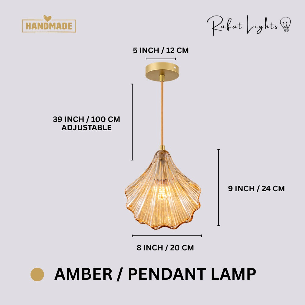 Vintage Shell Glass Pendant Light Amber Pendant dimensions: 8 in (20 cm) wide, 9 in (24 cm) high, 39 in (100 cm) adjustable cord, 5 in (12 cm) canopy