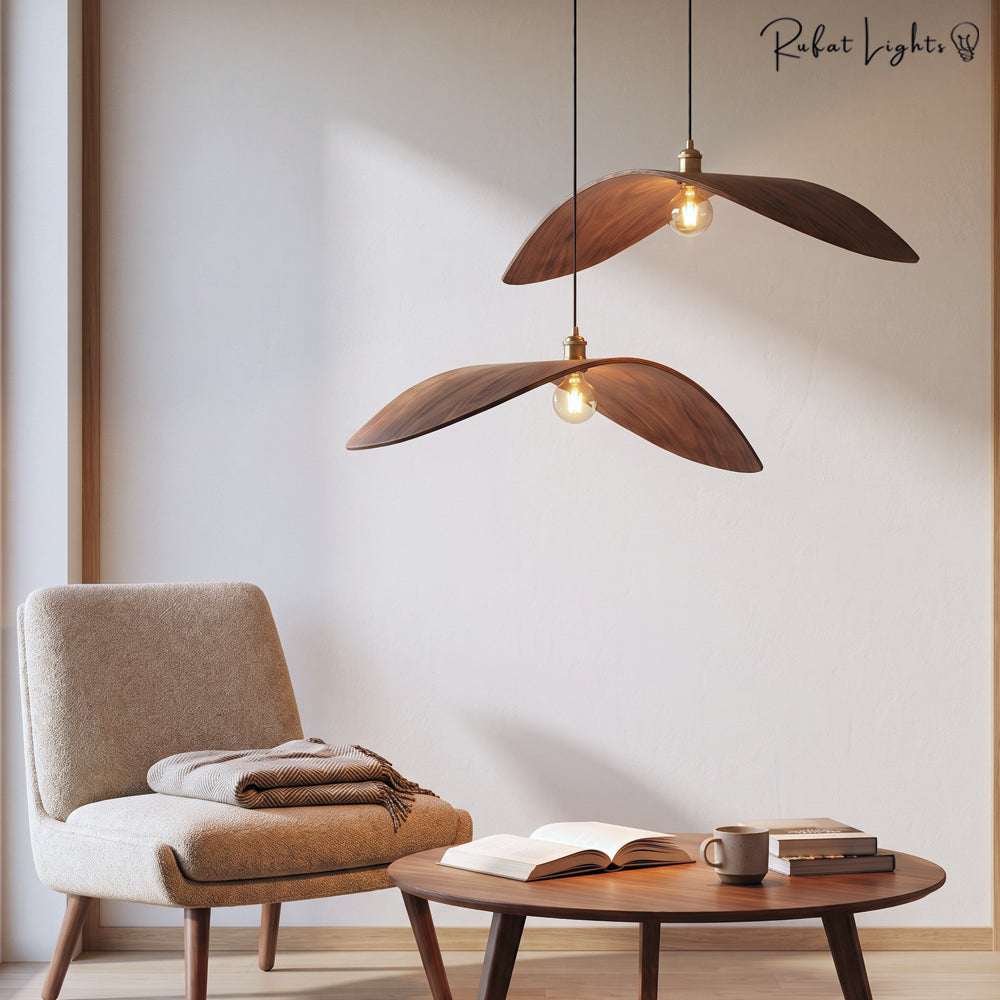 Vintage Wabi Sabi Wood Art Pendent Light in a living room reading corner