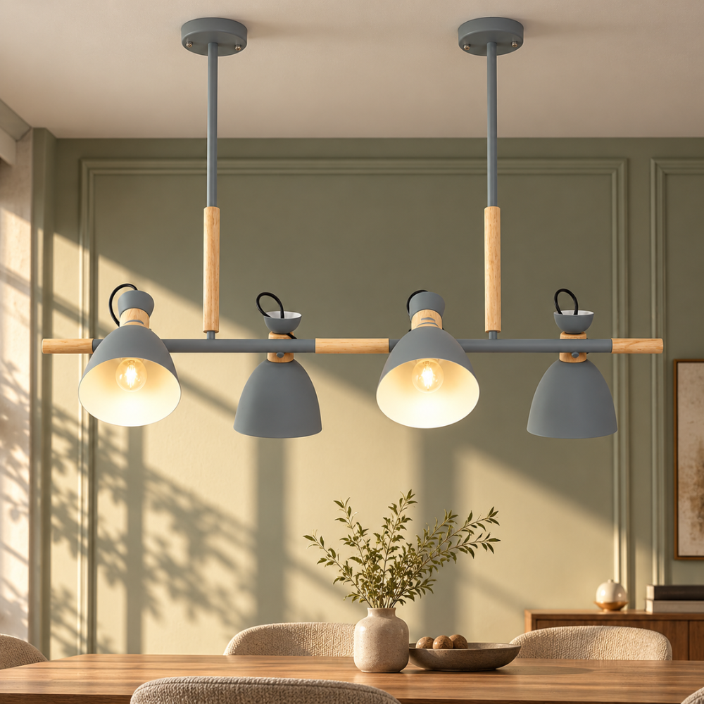 Vintage Wood Chandelier Lights four-head macaron chandelier with wood bar over a dining table