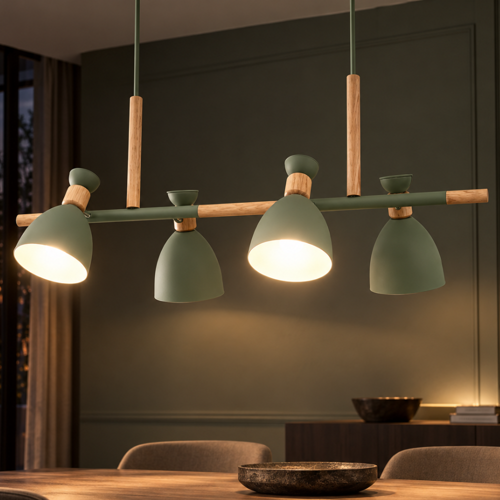 Vintage Wood Chandelier Lights green version in a dark dining room